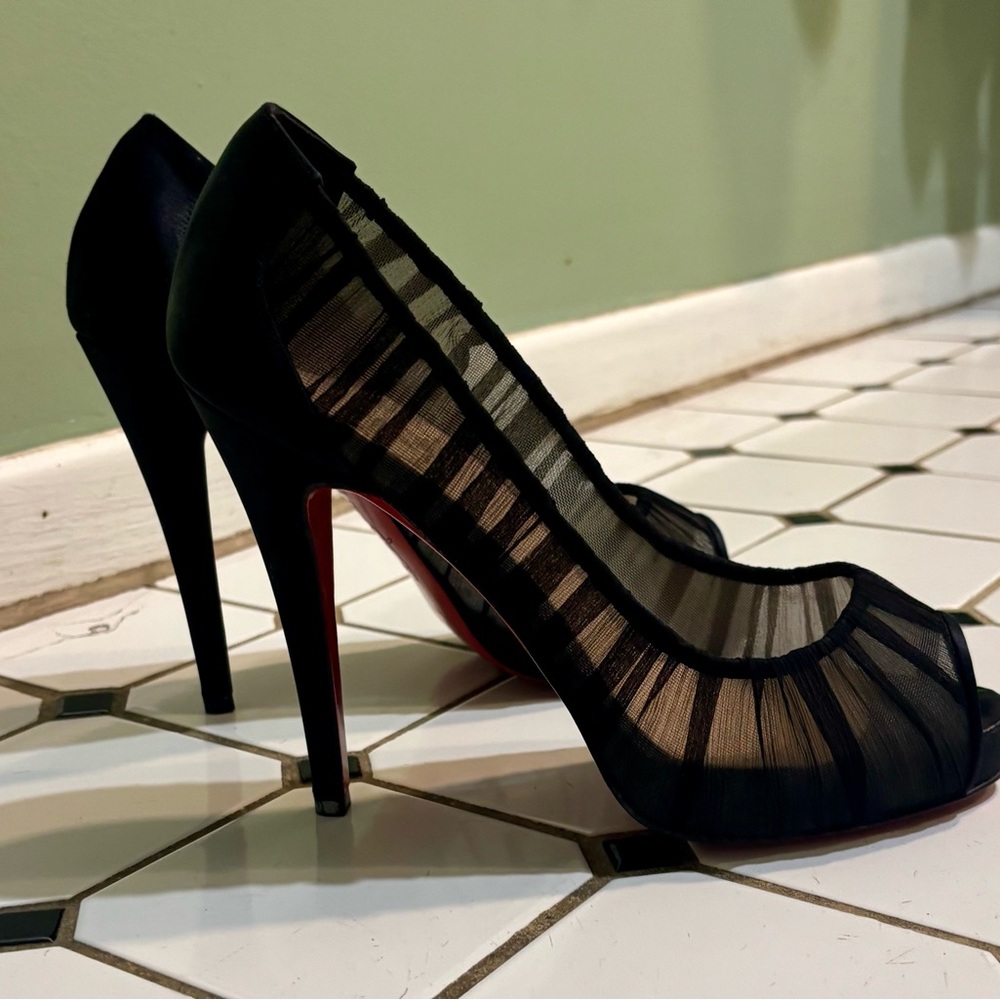 Christian Louboutin Black Mesh Peep-Toe Heels
